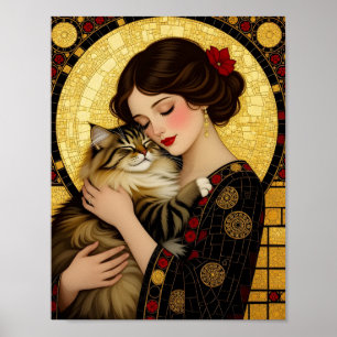 Mooie Meisje en Knuffelkat Art Nouveau Gustav Klim Poster