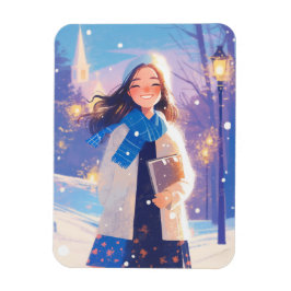 Mooie meisje loopt op winterstraat magneet