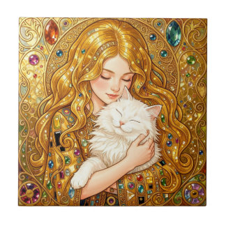Mooie Meisje Met Knuffelend Witte Kat Art Nouveau Tegeltje