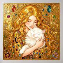 Mooie Meisje Met Mooie Witte Kat Art Nouveau