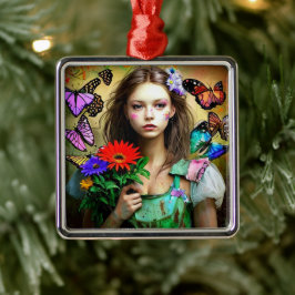 Mooie Meisje met Rode Bloemen en Vlinders Metalen Ornament