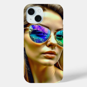 Mooie Meisje met Zonnebril Reflectie Bloemen iPhone 15 Case