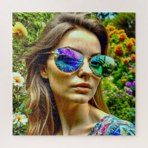 Mooie Meisje met Zonnebril Reflectie Bloemen Legpuzzel