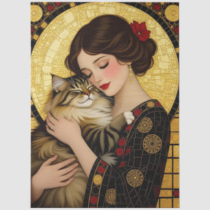 Mooie meisje omhelst kat Art Nouveau decoupage Tissuepapier
