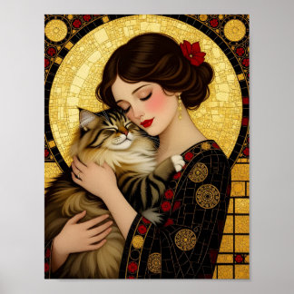 Mooie meisje omhelst schattige pluizige kat Art No Poster
