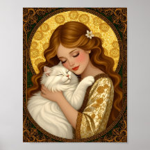 Mooie meisje omhelst witte pluizige kat Art Nouvea
