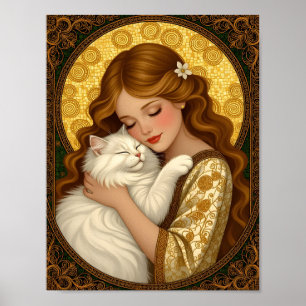 Mooie meisje omhelst witte pluizige kat Art Nouvea Poster