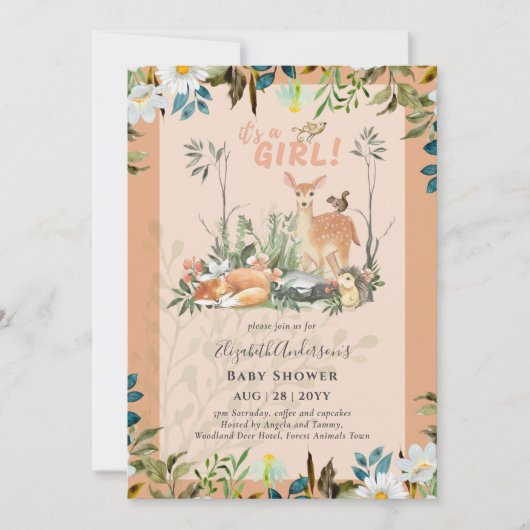 Mooie MEISJES Bos Herten Baby Shower Koraal Kaart (Voorkant)