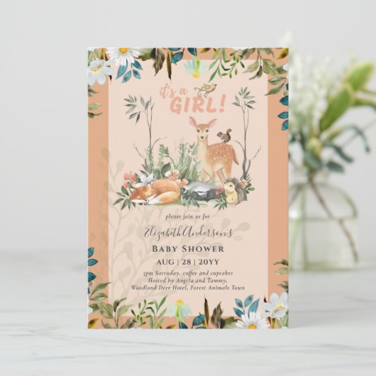 Mooie MEISJES Bos Herten Baby Shower Koraal Kaart (Staand voorkant)