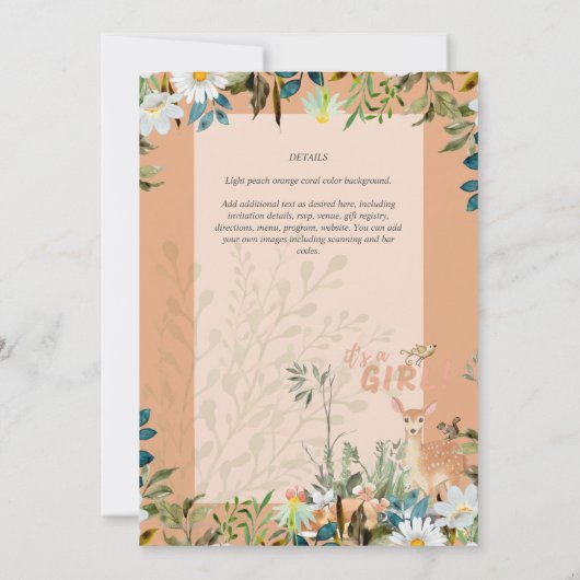 Mooie MEISJES Bos Herten Baby Shower Koraal Kaart (Achterkant)
