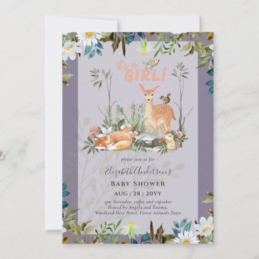 Mooie MEISJES Bosherten Baby Shower Lila Uitnodigi Kaart (Voorkant)