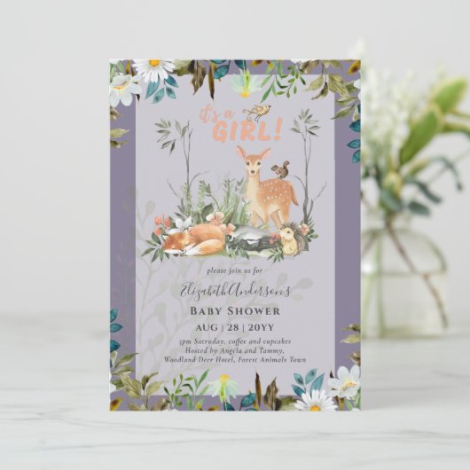 Mooie MEISJES Bosherten Baby Shower Lila Uitnodigi Kaart (Staand voorkant)