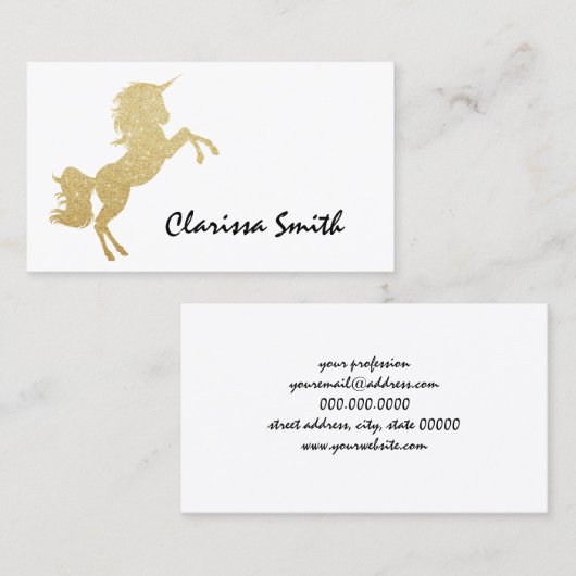 Mooie meisjes goudglitter unicorn visitekaartje (Voorkant / Achterkant)