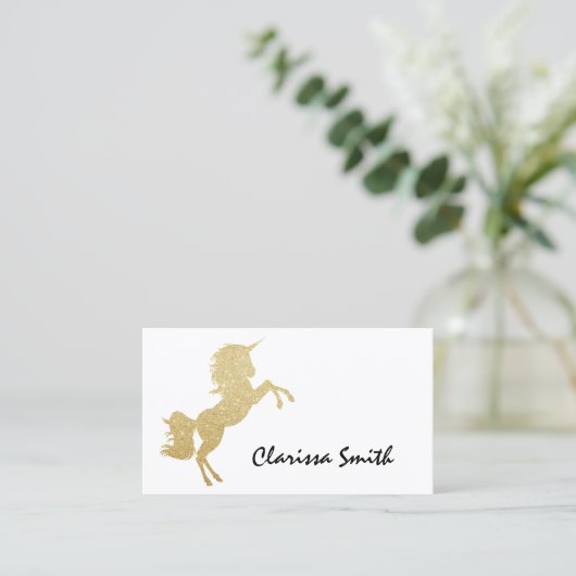 Mooie meisjes goudglitter unicorn visitekaartje (Staand voorkant)