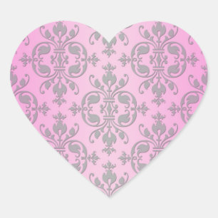 Mooie Meisjesachtige Roze en Grijs Damast Hart Sticker