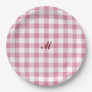 Mooie meisjesachtige roze geruite monogram papieren bordje