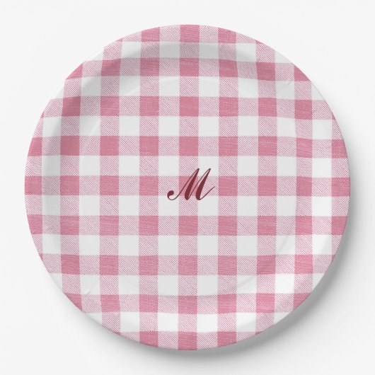 Mooie meisjesachtige roze geruite naam monogram papieren bordje (Voorkant)