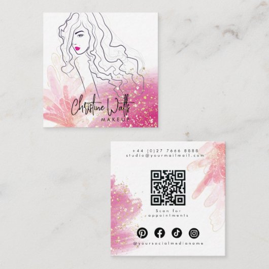 Mooie meisjesachtige roze glinsterende glitter mak vierkante visitekaartje (Voorkant / Achterkant)