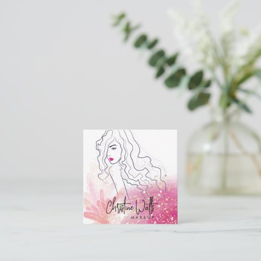 Mooie meisjesachtige roze glinsterende glitter mak vierkante visitekaartje (Staand voorkant)