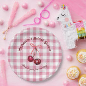 Mooie Meisjesachtige Strik Kersroze Gingham Geruit Papieren Bordje (Feest)