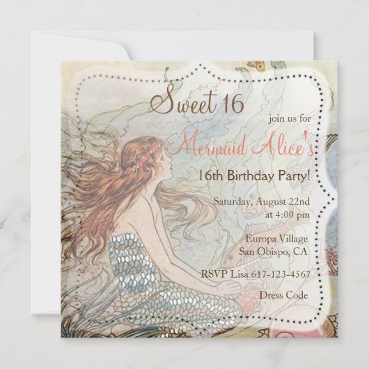 Mooie Mermaid Sweet 16 Birthday Invite Kaart (Voorkant)
