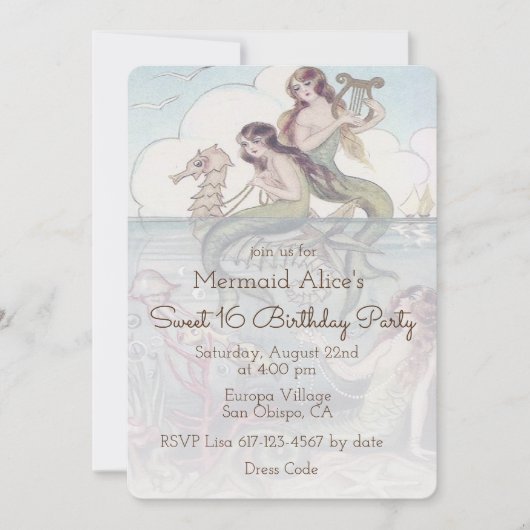 Mooie Mermaid  Sweet 16 Birthday Invite Kaart (Voorkant)