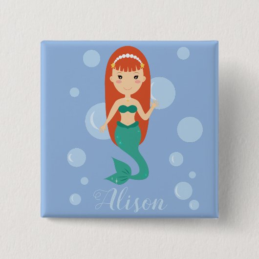 Mooie mermaïde cartoon, aangepaste tekst vierkante button 5,1 cm (Voorkant)