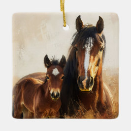 Mooie merrie en veulen schilderij keramisch ornament