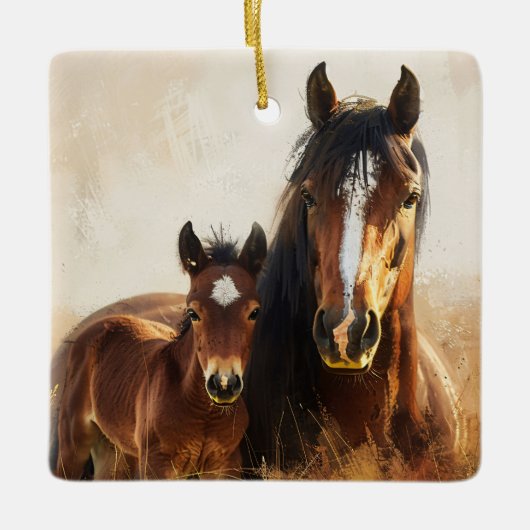 Mooie merrie en veulen schilderij keramisch ornament (Voorkant)