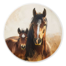 Mooie merrie en veulen schilderij keramische knop