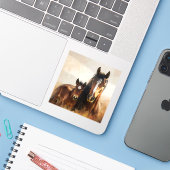 Mooie merrie en veulen schilderij sticker (Laptop met iPhone)