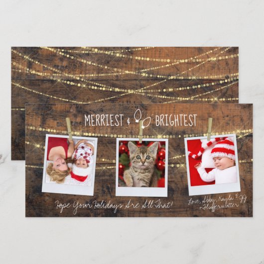 Mooie 'Merriest & Brightest' Kerst 3-Foto Kaart (Voorkant / Achterkant)