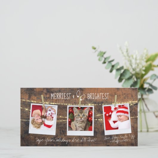 Mooie 'Merriest & Brightest' Kerst 3-Foto Kaart (Staand voorkant)