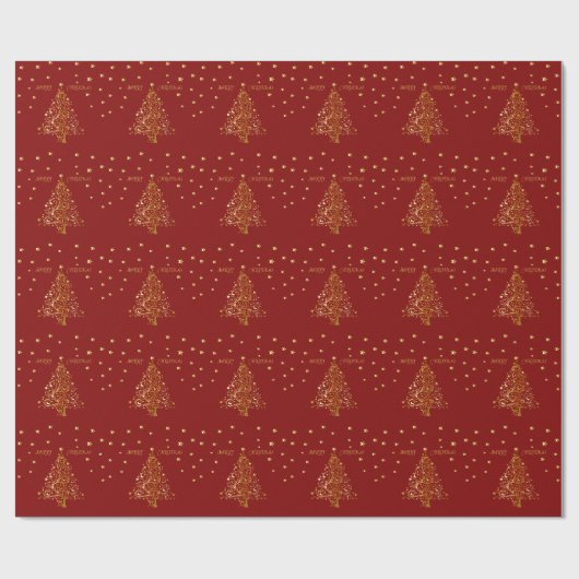 Mooie metallic gouden kerstboom op donkerrood cadeaupapier (Vlak)