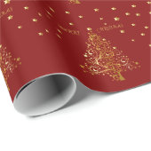 Mooie metallic gouden kerstboom op donkerrood cadeaupapier (Rol Hoek)