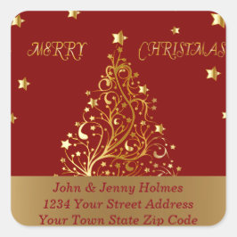 Mooie metallic gouden kerstboom op donkerrood vierkante sticker