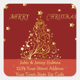 Mooie metallic gouden kerstboom op donkerrood vierkante sticker