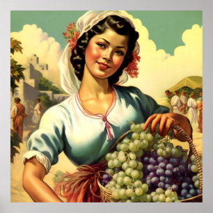 Mooie Mexicaanse kalender meisje in druivenoogst  Poster