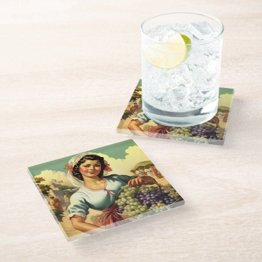 Mooie Mexicaanse kalendergirl bij de druivenoogst Glazen Onderzetter (Schuin)