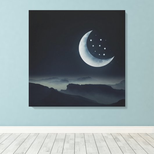 Mooie Midnight Moon en Sterrennacht Canvas Afdruk (Insitu (Houten vloer))