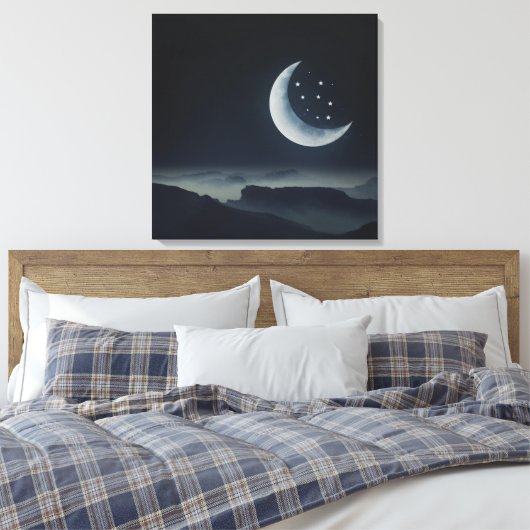Mooie Midnight Moon en Sterrennacht Canvas Afdruk (Insitu (Slaapkamer))