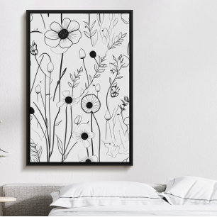 Mooie minimalistische zwarte inkt bloementuin poster