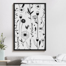 Mooie minimalistische zwarte inkt bloementuin poster