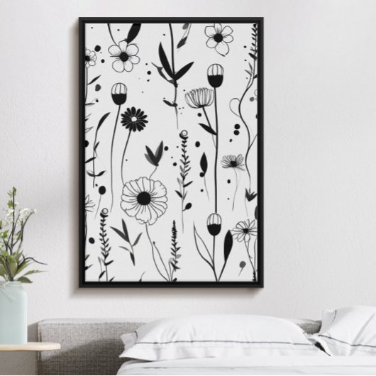 Mooie minimalistische zwarte inkt bloementuin poster