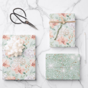 Mooie Mint Peach Orchidee Bloemen Bruidsdouche Inpakpapier Vel