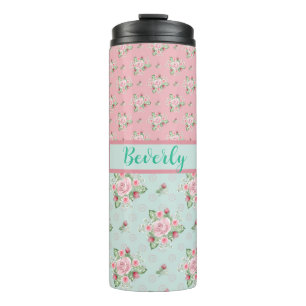 Mooie mintgroene en roze bloempatronen thermosbeker