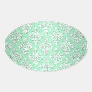 Mooie Mintgroene en Witte Bloemrijke Damast Patroo Ovale Sticker