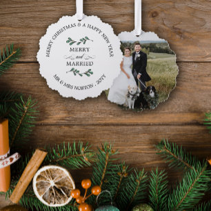 Mooie Mistletoe Merry Married Christmas Foto Ornament Kaart