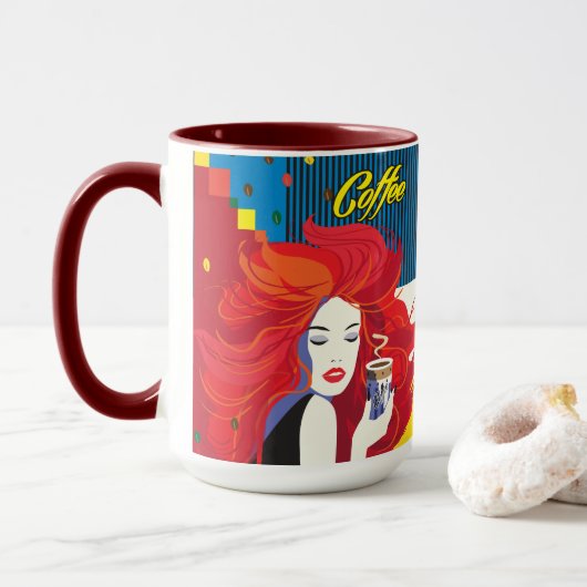 Mooie Mode Vrouw en Koffie POP-ART Trendy Mok (Met donut)