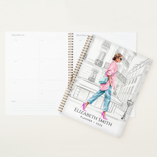 Mooie mode vrouw loopt planner (Display)